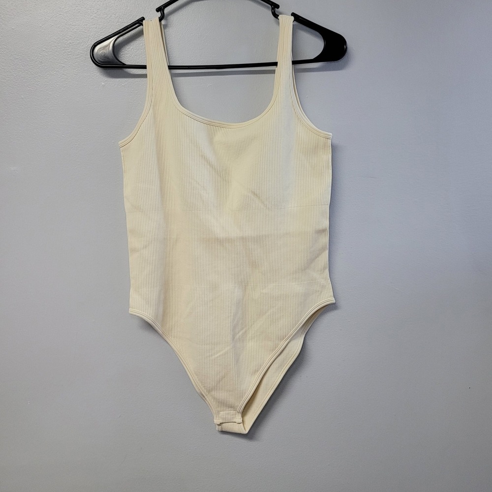 OQQ Womens Ribbed Sleeveless Bodysuit Cream Beige XL